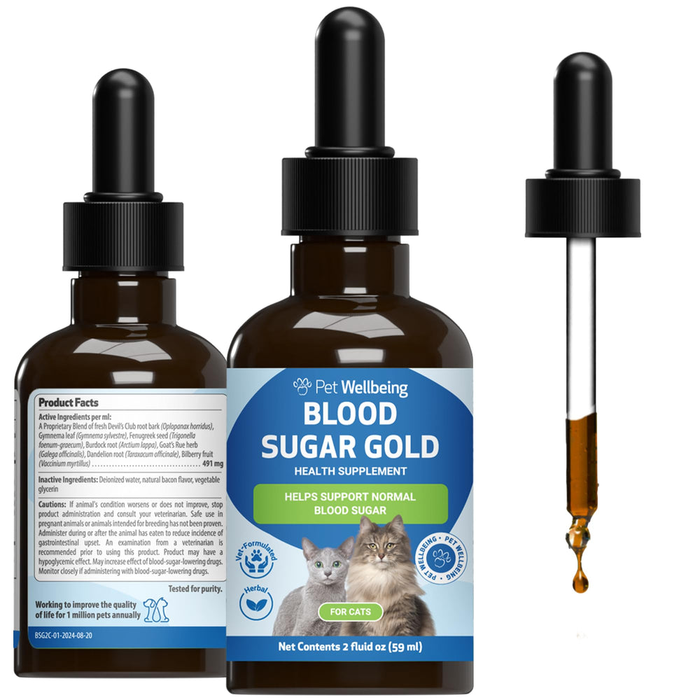 Pet Wellbeing Blood Sugar Gold bottle front — vet-formulated feline support for insulin balance