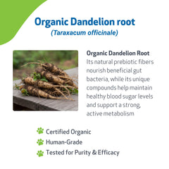 Pet Wellbeing Dandelion Root organic label highlights organic ingredients