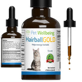 Pet Wellbeing Hairball Gold bottle being poured for easy cat dosing.