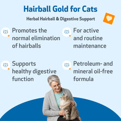 Close-up of Hairball Gold label highlighting vet-formulated blend.