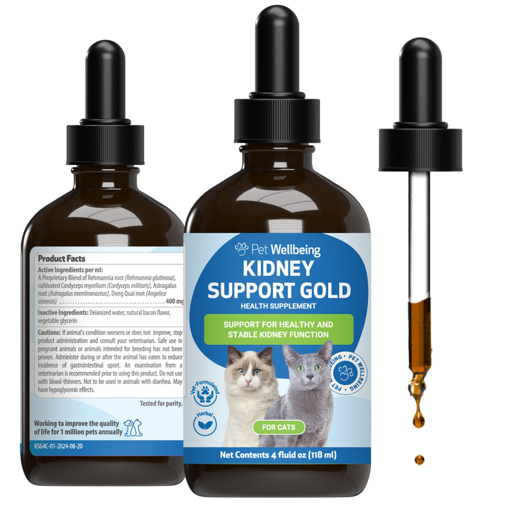 Pet Wellbeing Kidney Support Gold bottle pour for easy dosing.