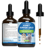 Pet Wellbeing Kidney Support Gold bottle pour for easy dosing.