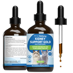 Pet Wellbeing Kidney Support Gold bottle pour for easy dosing.