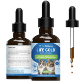 Pet Wellbeing Life Gold cat bottle showing the liquid formula for cats.