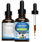 Pet Wellbeing Lung Gold for Cats bottle pour showing easy drop administration for respiratory support.