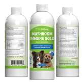 Pet Wellbeing Mushroom Immune Gold bottle close-up for immune balance support in dogs.