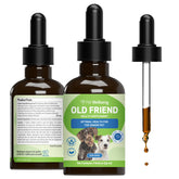 Pet Wellbeing Old Friend senior dog bottle showing herbal formula for immune support