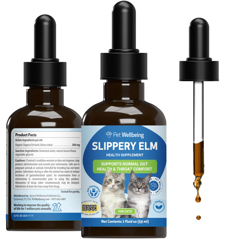 Pet Wellbeing Slippery Elm cat bottle shows pure liquid support for digestion and throat comfort