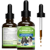 Pet Wellbeing Slippery Elm bottle for dogs showing liquid supplement easy dosing.