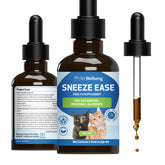 Pet Wellbeing Sneeze Ease bottle with label, supporting seasonal allergy comfort for cats.