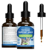 Pet Wellbeing Thyroid Support Gold bottle label showcases vet-formulated balance for cats.