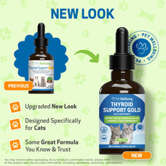 Pet Wellbeing Thyroid Support Gold bottle pour demonstrates easy-to-administer liquid for felines.
