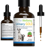 Pet Wellbeing Urinary Gold bottle close-up, vet-formulated urinary support for cats.
