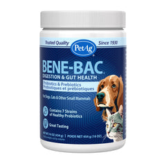 PetAg Bene-Bac Plus powder bottle shown for digestive support.