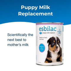 Close-up of PetAg Esbilac label highlighting vitamins for puppies.
