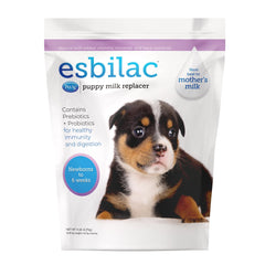 PetAg Esbilac puppy milk replacer powder tub provides balanced nutrition for newborn puppies.