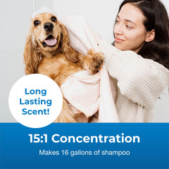 PetAg Fresh 'n Clean Crisp Linen Shampoo foaming on dog coat for cleansing.