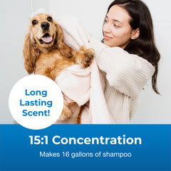 PetAg shampoo being poured to show easy dilution and application on a dog's coat.