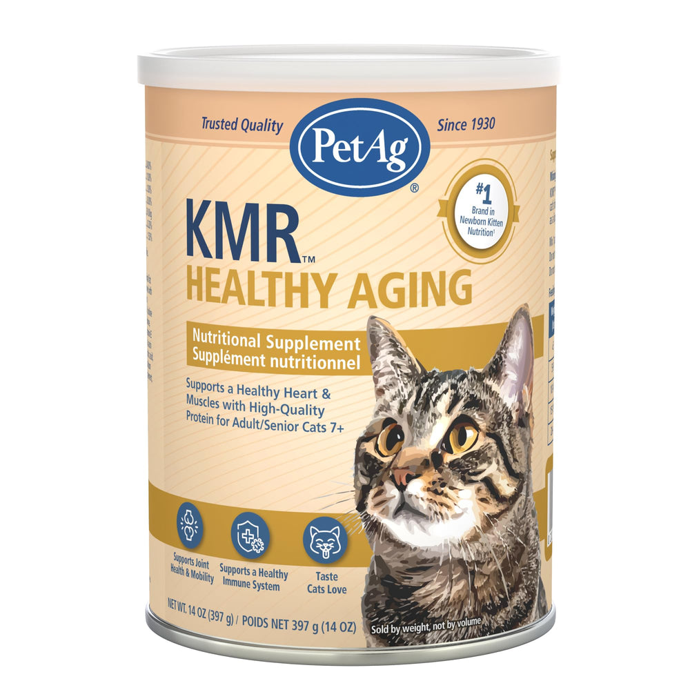 PetAg KMR Healthy Aging 14oz bottle for adult and senior cats, supporting heart and muscle health.