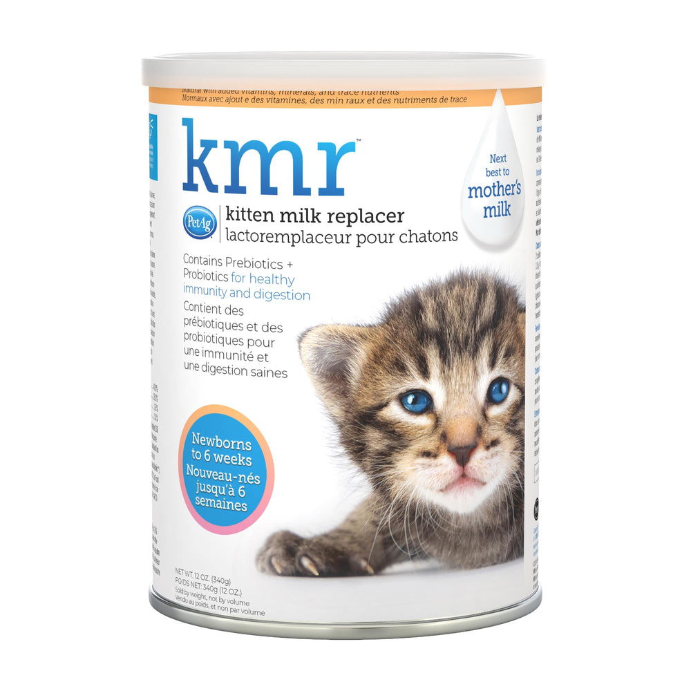 PetAg KMR kitten milk powder 12oz for newborns, ready as a nutritional supplement.