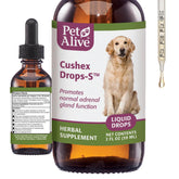 PetAlive Cushex Drops-S bottle front showing adrenal balance support for pets.
