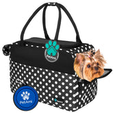 PetAmi polka dot dog purse carrier front view with secure zipper and pockets.