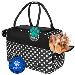 PetAmi polka dot dog purse carrier front view with secure zipper and pockets.