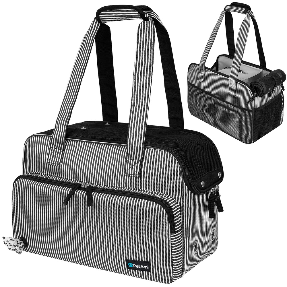 PetAmi small dog purse carrier front view showing stripe black design and portability
