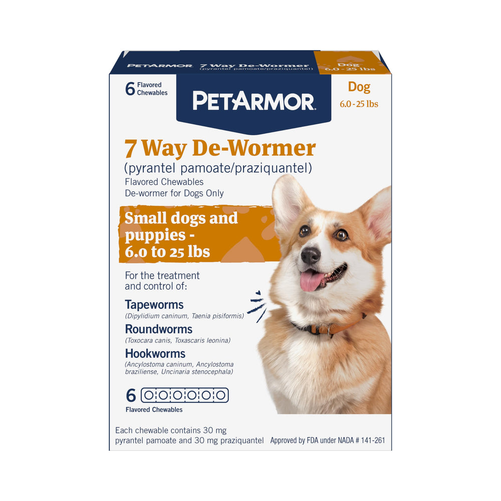 PetArmor 7-Way dewormer bottle front, vet-grade protection for small dogs.