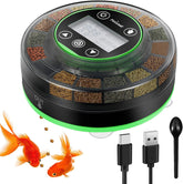 Petbank automatic feeder installed in aquarium showing 16-grid meal system.