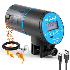 Petbank automatic feeder blue front view with LCD screen for precise scheduling.