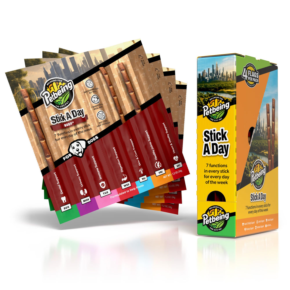 PETBEING Stick a Day packaging front highlights a convenient daily nutrition treat.