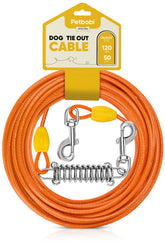 Petbobi 50ft dog tie-out cable with spring for outdoor play and safety.