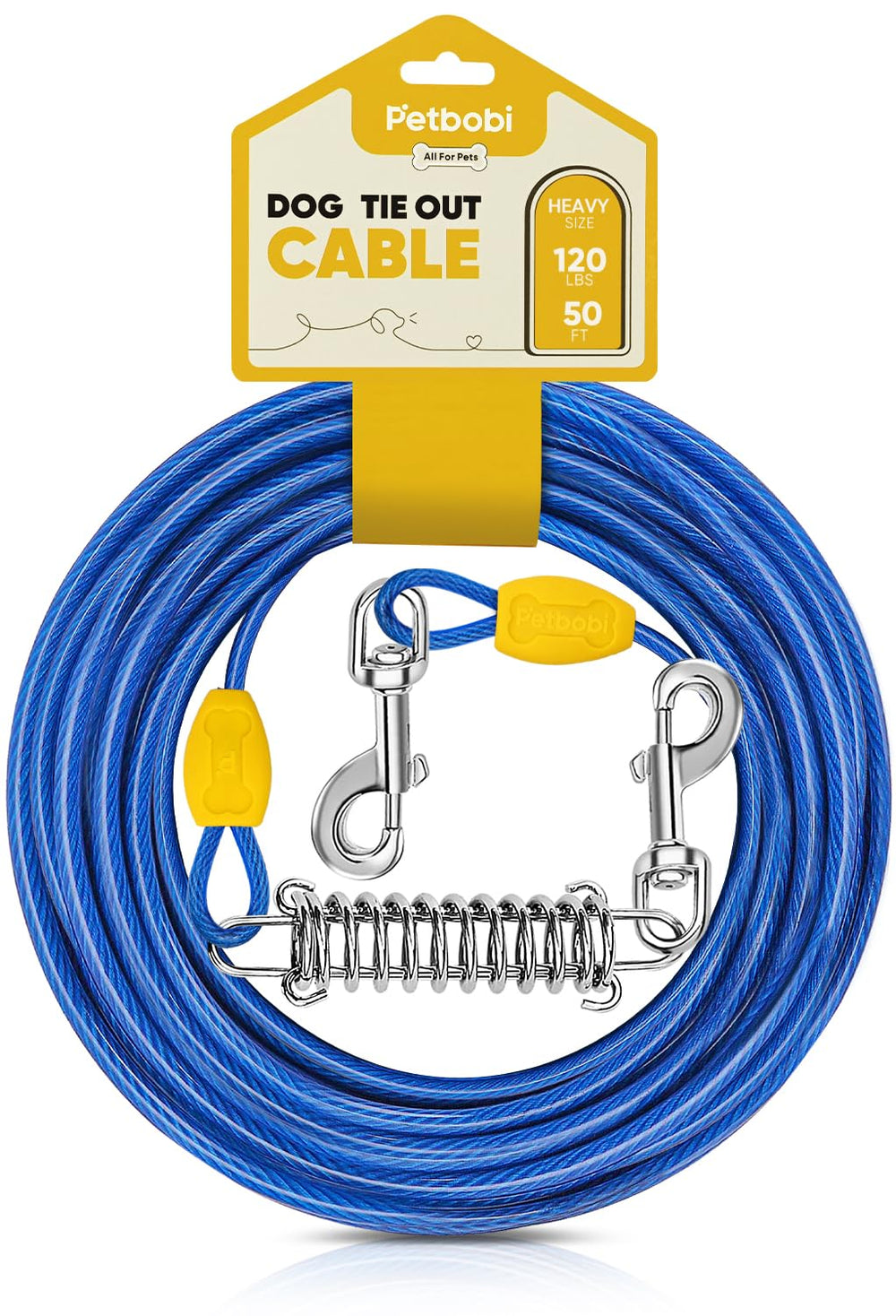 Petbobi dog tie-out cable 50ft enabling safe outdoor roaming.