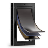 Petcoming 3-flap dog door front view showing wide opening for large pets up to 100 lb.