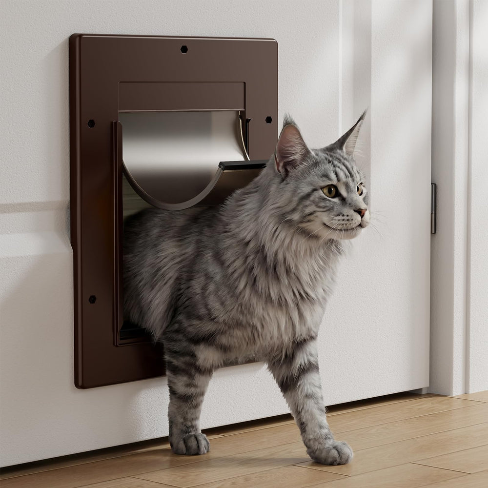 PETCOMING cat door with soft magnetic flap in action, gentle close for paws and drafts