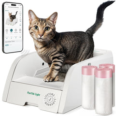 Petcove PurrTek Light self-cleaning litter box front view showing quiet operation