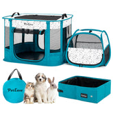 PETEASE portable cat playpen with litter box setup for odor separation and hygiene.