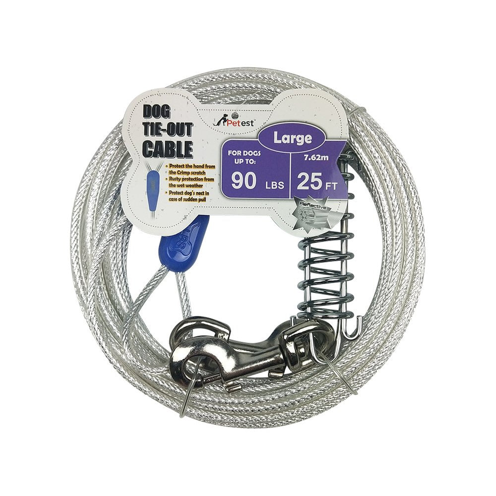 Petest 25ft tie-out cable shows rugged steel construction for large dogs up to 90 lbs.