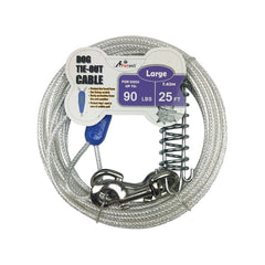 Petest 25ft tie-out cable shows rugged steel construction for large dogs up to 90 lbs.