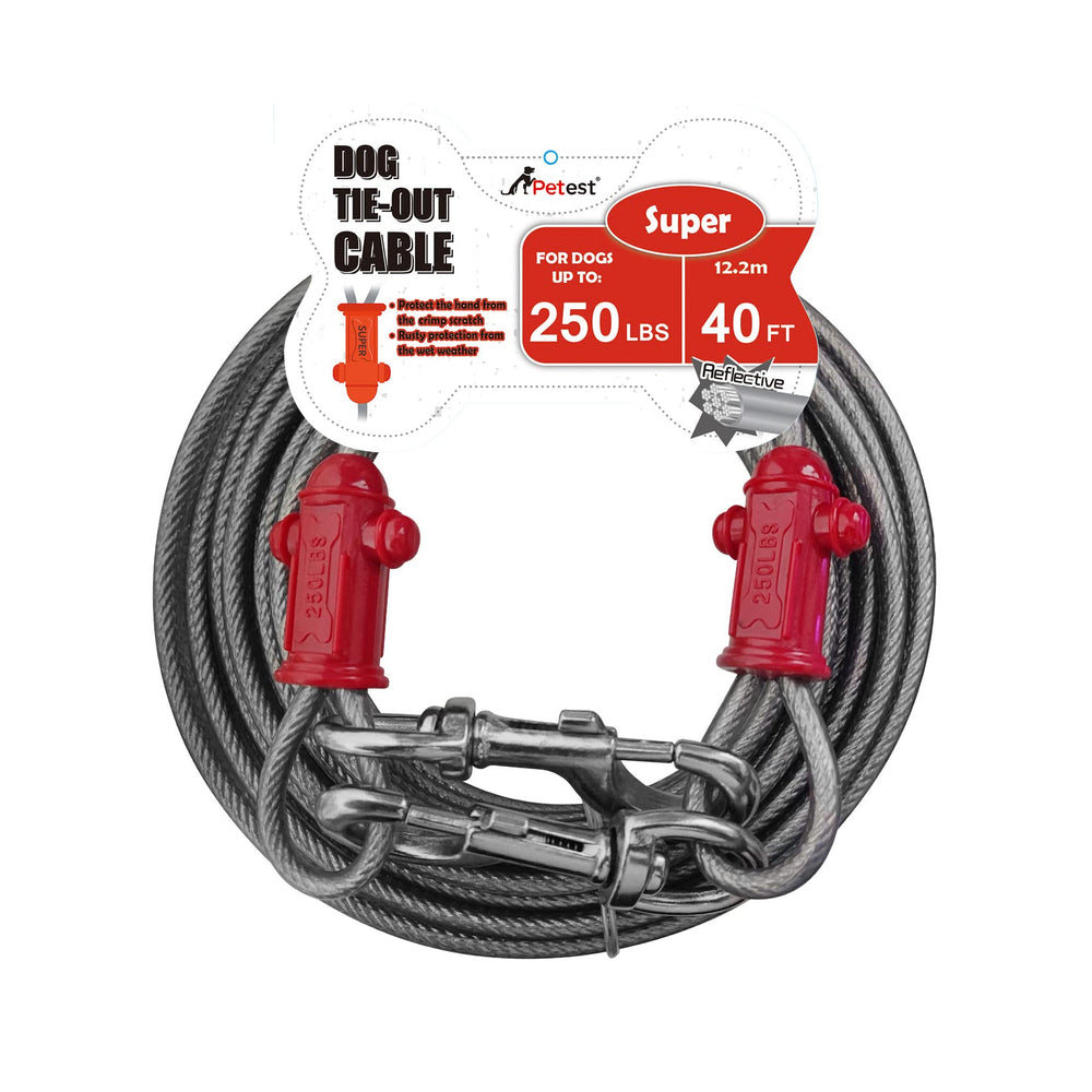 Petest reflective tie-out cable in use, 40ft reach for safe outdoor roaming.