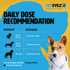 PetEyez serving dose image shows simple daily portion guidance for dogs.