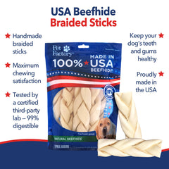 Pet Factory Beefhide Braided Sticks highlight American-sourced rawhide quality