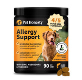 Pet Honesty dog allergy relief chews bottle supports seasonal comfort.