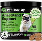 Pet Honesty Dog Scoot Stopper bottle shows a vet-recommended formula for anal gland support.