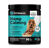 Pet Honesty hemp calming chews bottle front promotes calm for anxious dogs.