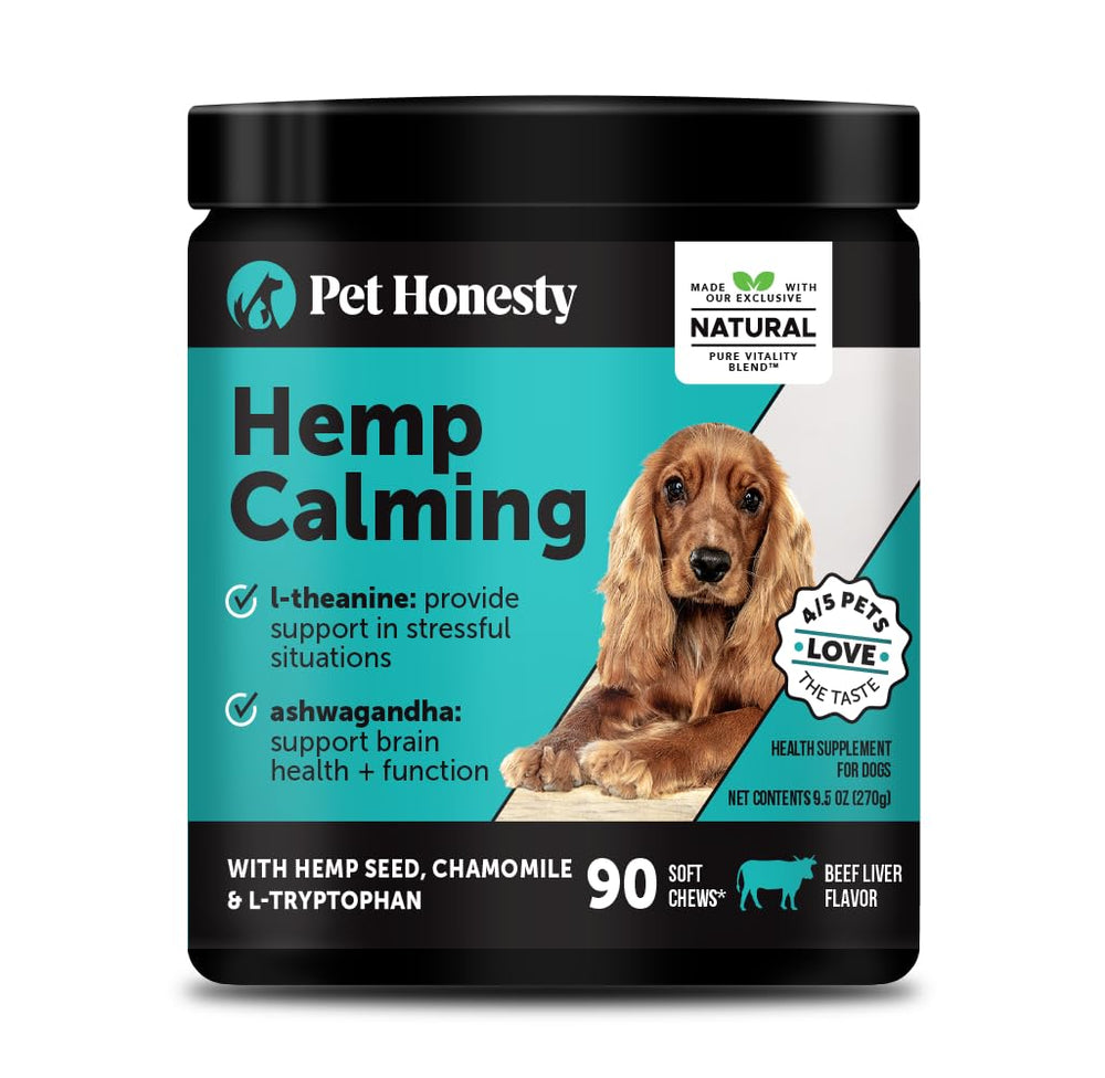 Pet Honesty Hemp Calming Chews bottle label promotes calm for anxious dogs.