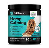 Pet Honesty Hemp Calming Chews bottle label promotes calm for anxious dogs.