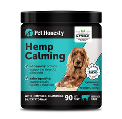 Pet Honesty Hemp Calming Chews bottle label promotes calm for anxious dogs.
