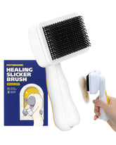 PETHROOM Self-Cleaning Slicker Brush with gentle coated tips detangles a dog's coat.